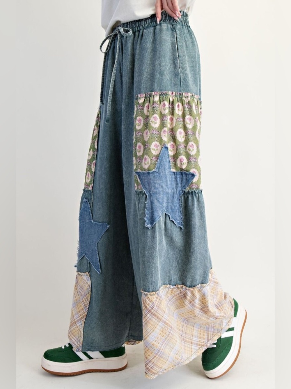 WASHED DENIM PATCHWORK PALAZZO PANTS - Picture 3 of 4